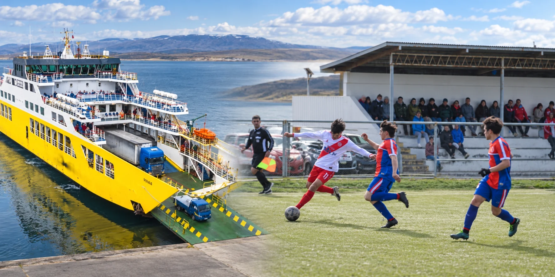 Composición de llegada en ferry y un partido de fútbol